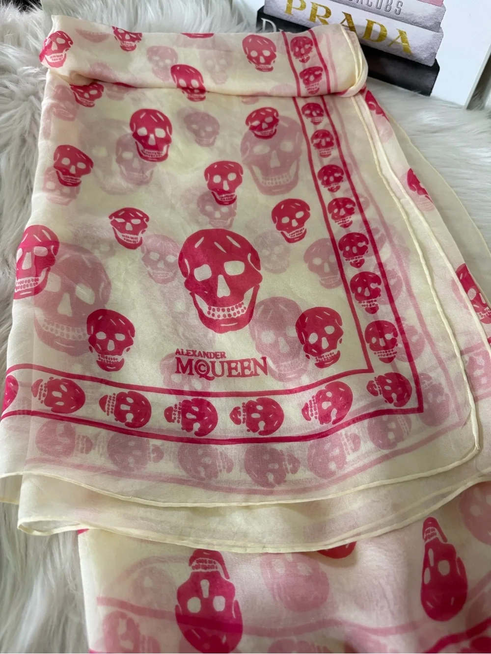 Alexander McQueen Sheer Pink Skull Print Wrap Silk Scarf.